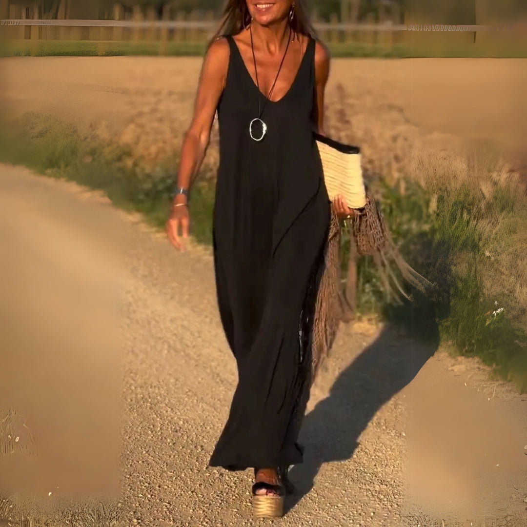 LILIA | ELEGANTES ÄRMELLOSES MAXIKLEID MIT V-AUSSCHNITT