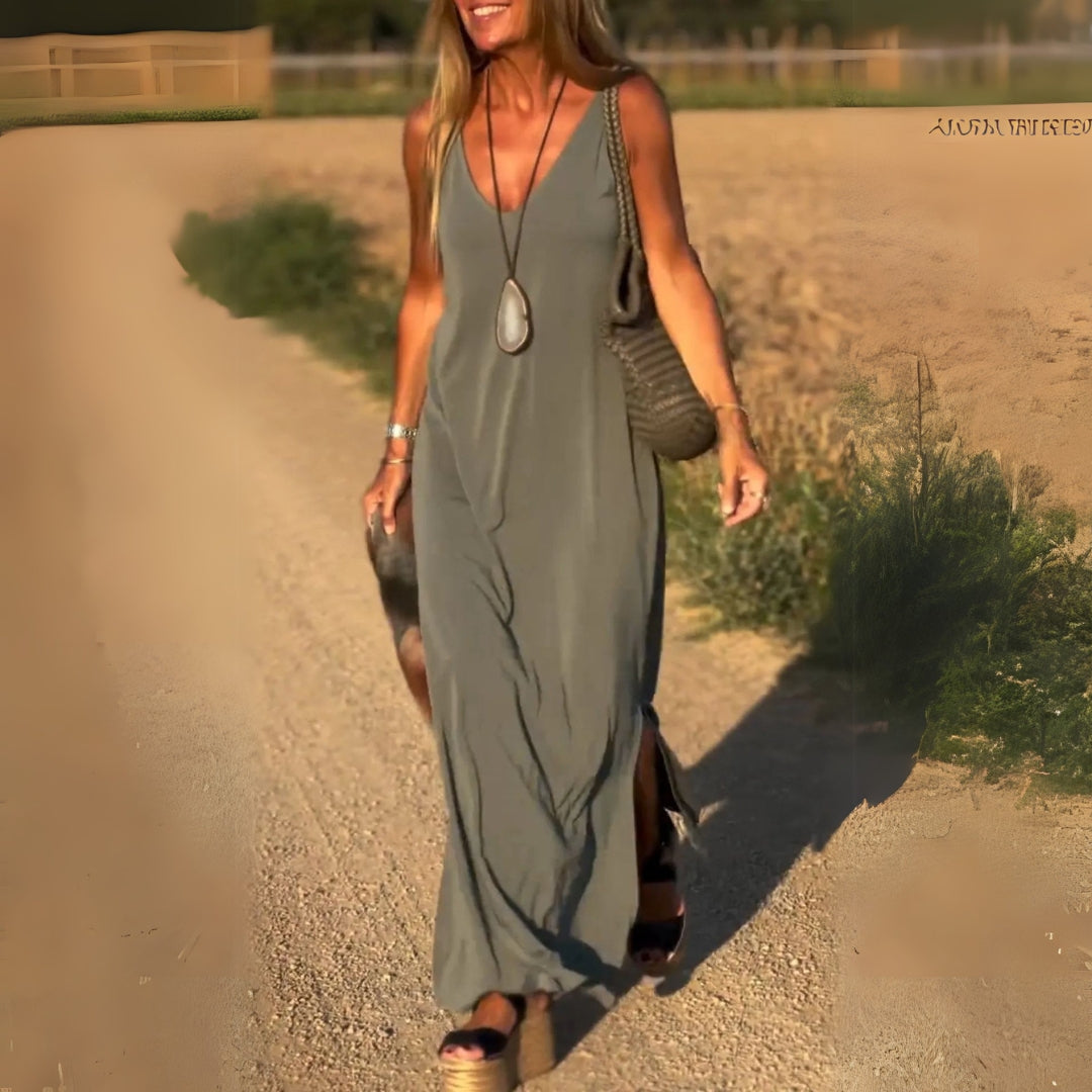 LILIA | ELEGANTES ÄRMELLOSES MAXIKLEID MIT V-AUSSCHNITT