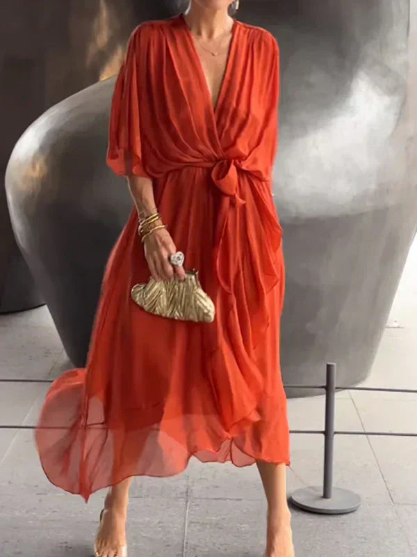 Monica - Elegante Chiffon-Seidenkleid mit verführerischem V-Ausschnitt
