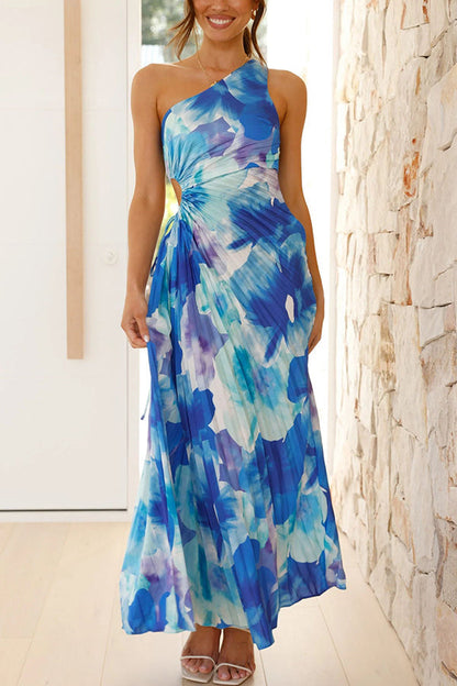 Deja -  Blumenmuster  Ein-Schulter Falten Maxi Kleid