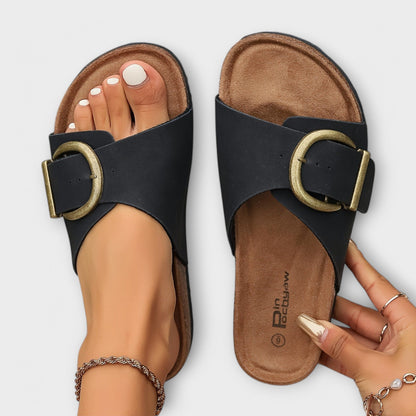 Margie - Damen Kork Pantoletten mit Schnallenriemen Design