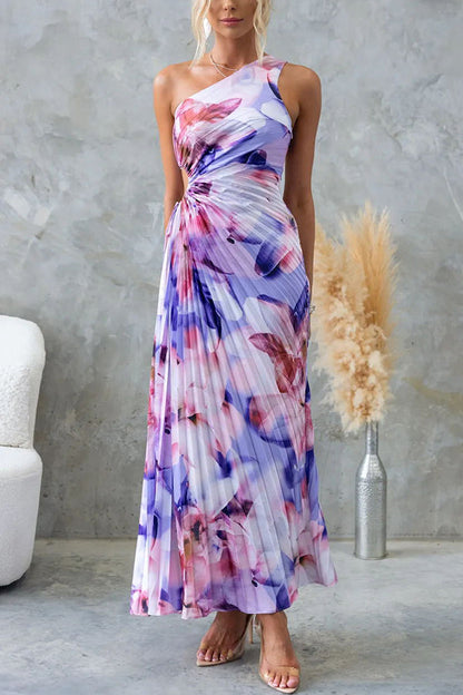 Deja -  Blumenmuster  Ein-Schulter Falten Maxi Kleid